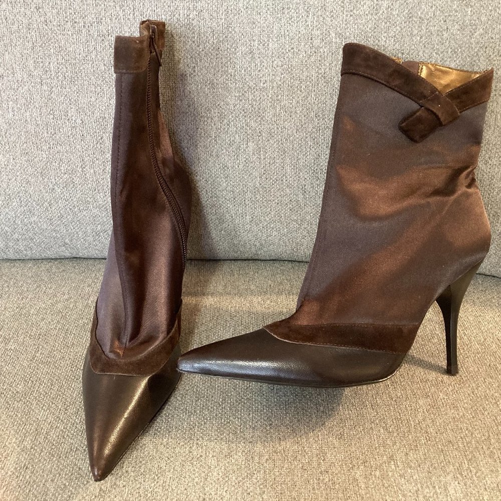BROWN DRESS SATIN BCBG BOOTIES
